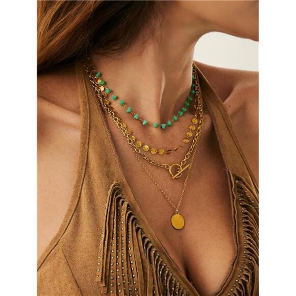 Layered Gold Chain Necklace Set | Turquoise & Coin Pendant - Picture 4 of 6